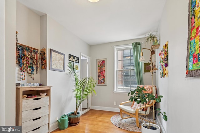living area featuring baseboards and wood finished floors