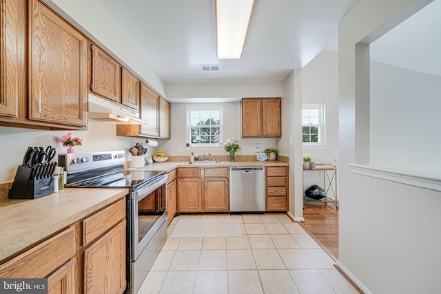 8818 Tanglewood Ln, Manassas, VA 20110 - kitchen with a sink, visible vents, light countertops, under cabinet range hood, and appliances with stainless steel finishes