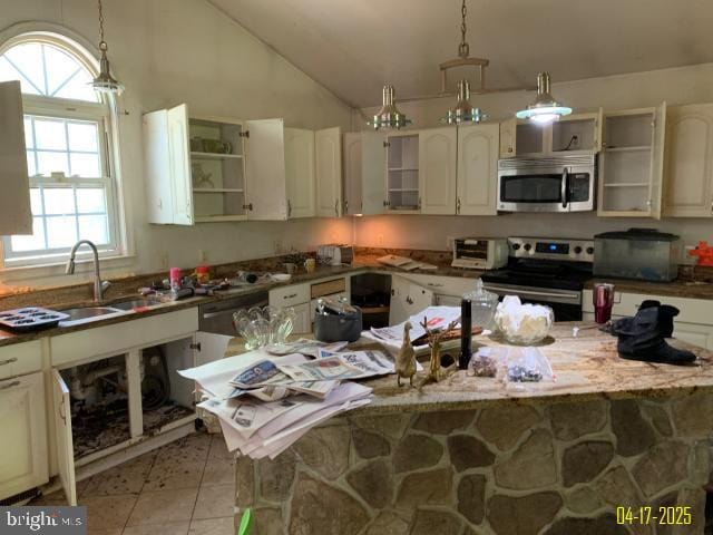 kitchen with open shelves, a sink, light tile patterned flooring, decorative light fixtures, and appliances with stainless steel finishes