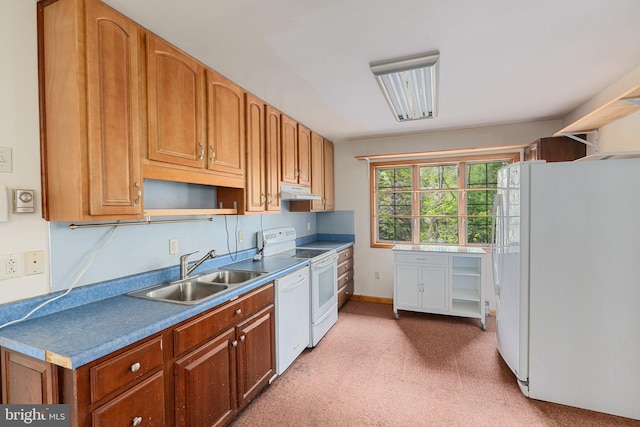 kitchen with under cabinet range hood, brown cabinetry, white appliances, a sink, and open shelves