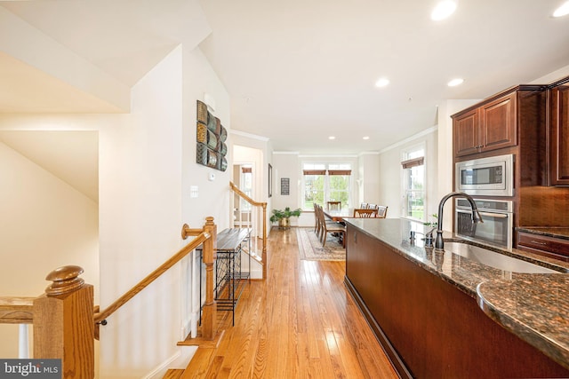 3571 Katherine Way, Frederick, MD 21704 - kitchen featuring stainless steel appliances, a sink, dark stone countertops, light wood-style flooring, and recessed lighting