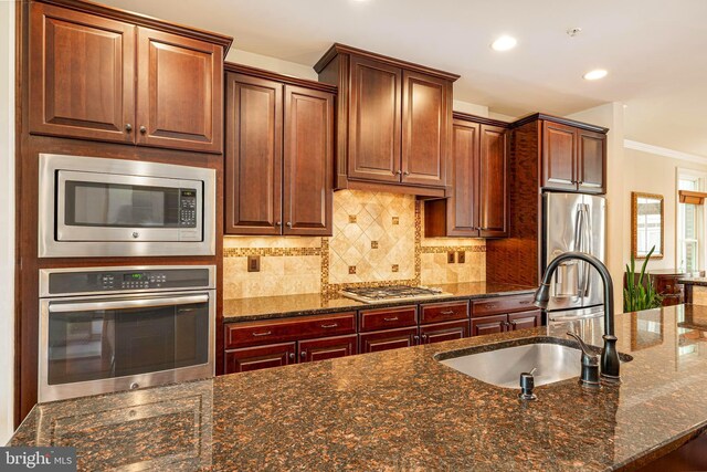 3571 Katherine Way, Frederick, MD 21704 - kitchen featuring stainless steel appliances, a sink, recessed lighting, backsplash, and dark stone countertops