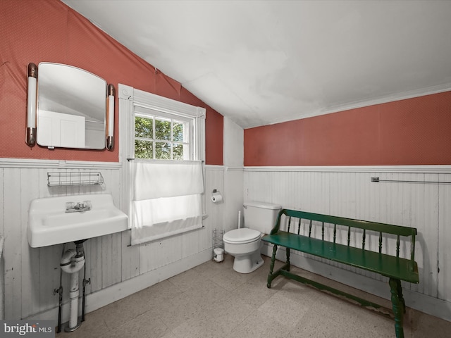 113 Ingleside Ave, Baltimore, MD 21228 - half bathroom with lofted ceiling, tile patterned floors, a wainscoted wall, toilet, and a sink