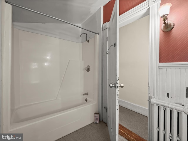 113 Ingleside Ave, Baltimore, MD 21228 - full bath featuring  shower combination, wallpapered walls, and a wainscoted wall