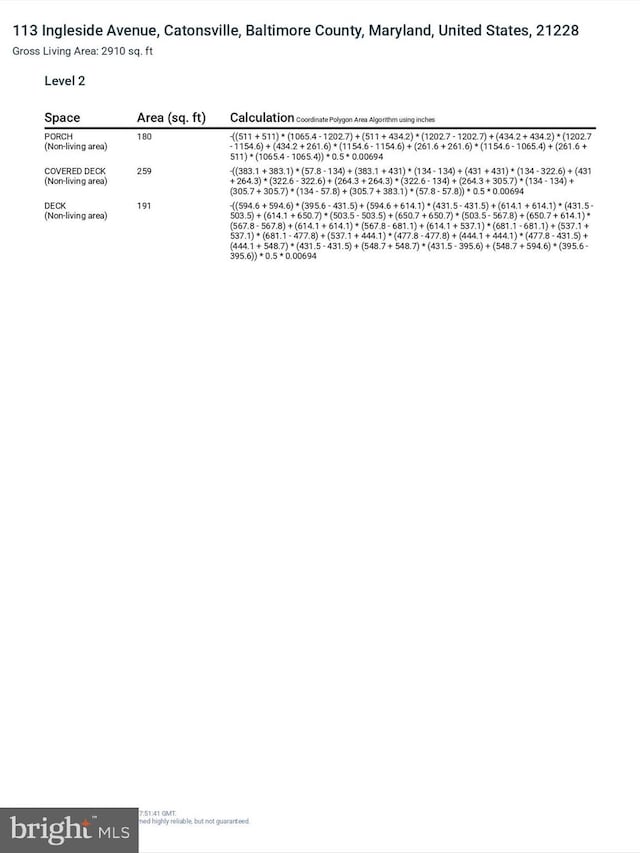 113 Ingleside Ave, Baltimore, MD 21228 - view of a document of area calculations