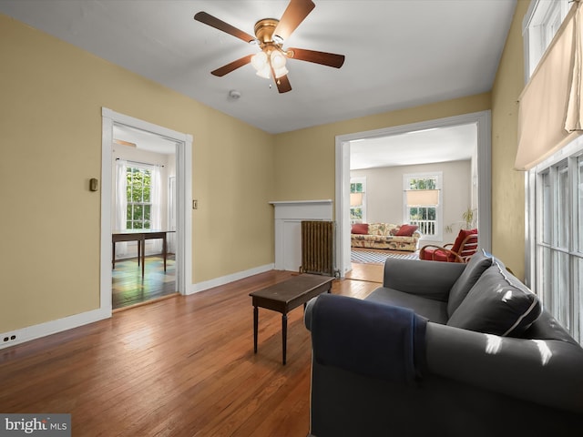 113 Ingleside Ave, Baltimore, MD 21228 - living room featuring healthy amount of natural light, ceiling fan, wood-type flooring, and baseboards