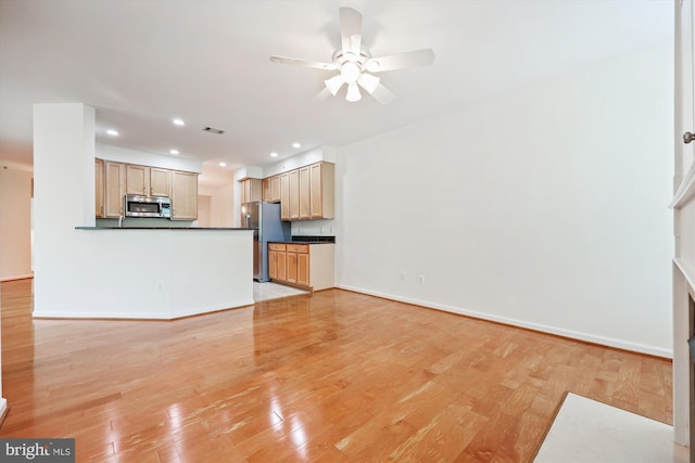 unfurnished living room featuring visible vents, baseboards, ceiling fan, recessed lighting, and light wood-type flooring