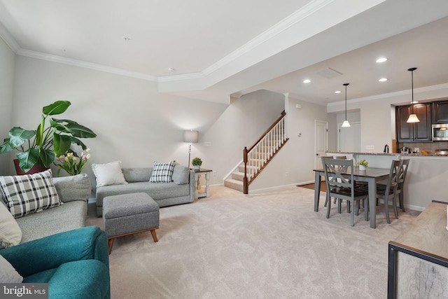 42250 Tackroom Ter, Aldie, VA 20105 - living area with crown molding, recessed lighting, baseboards, and stairway