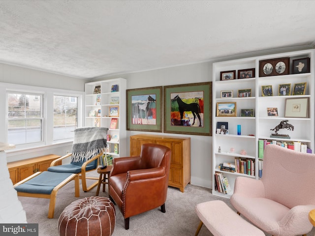 sitting room with a textured ceiling, crown molding, and light carpet