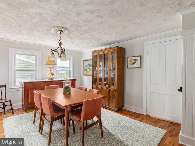 dining room featuring light wood finished floors, a textured ceiling, and crown molding