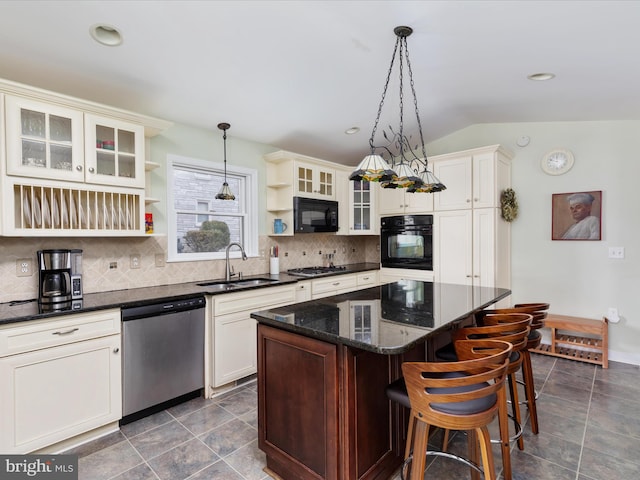 kitchen with a sink, backsplash, lofted ceiling, open shelves, and black appliances