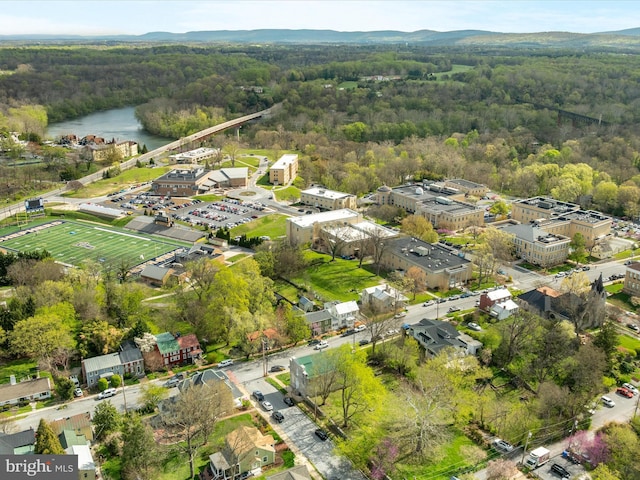 birds eye view of property with a view of trees and a water view