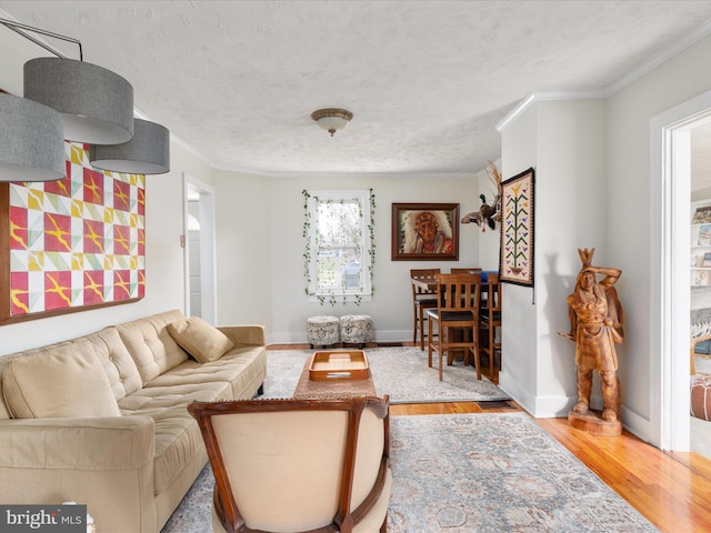 living room featuring wood finished floors, a textured ceiling, baseboards, and ornamental molding