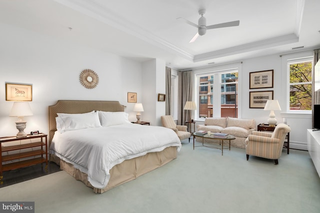 2501 Pennsylvania Ave NW Unit 2A, Washington, DC 20037 - bedroom featuring a tray ceiling, crown molding, carpet floors, ceiling fan, and a baseboard heating unit