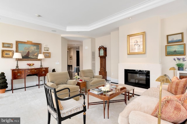 2501 Pennsylvania Ave NW Unit 2A, Washington, DC 20037 - living area with ornamental molding, a glass covered fireplace, a raised ceiling, and baseboards
