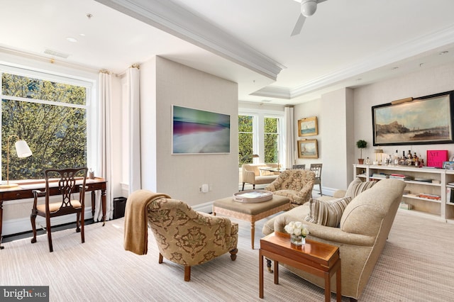 2501 Pennsylvania Ave NW Unit 2A, Washington, DC 20037 - living area featuring ornamental molding, ceiling fan, light carpet, and baseboards