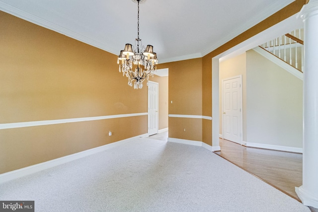 1005 Chaff Way, La Plata, MD 20646 - carpeted empty room with a chandelier, stairway, ornamental molding, and baseboards