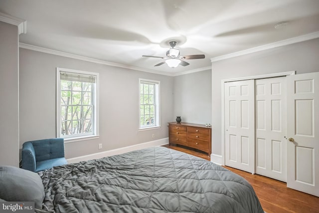 bedroom with crown molding, wood finished floors, ceiling fan, baseboards, and a closet