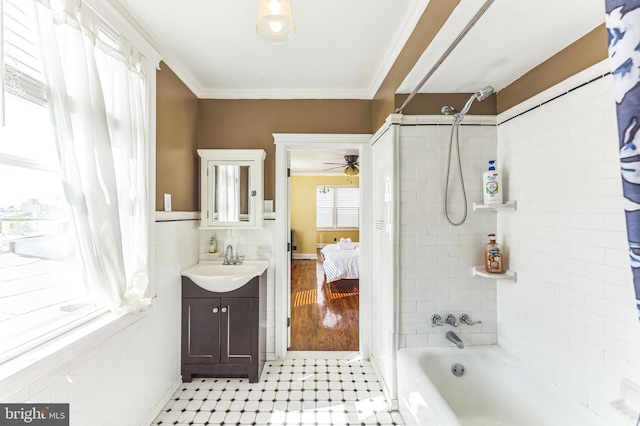2202 E Cumberland St, Philadelphia, PA 19125 - full bathroom featuring crown molding, vanity, ceiling fan, shower / tub combo, and ensuite bath