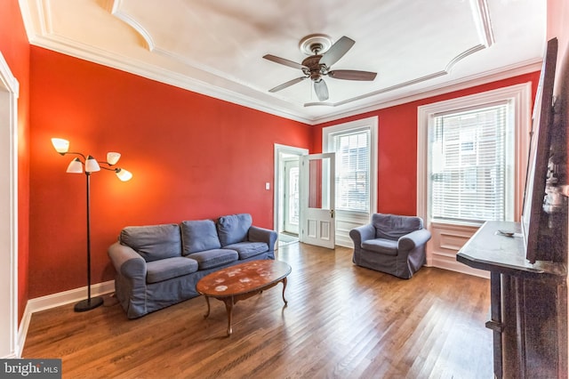 2202 E Cumberland St, Philadelphia, PA 19125 - living area with ceiling fan, crown molding, and wood finished floors