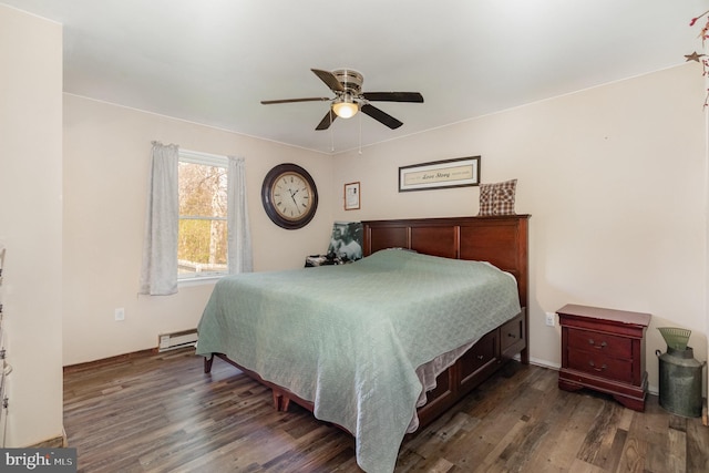 bedroom featuring ceiling fan, baseboards, dark wood-style floors, and a baseboard radiator