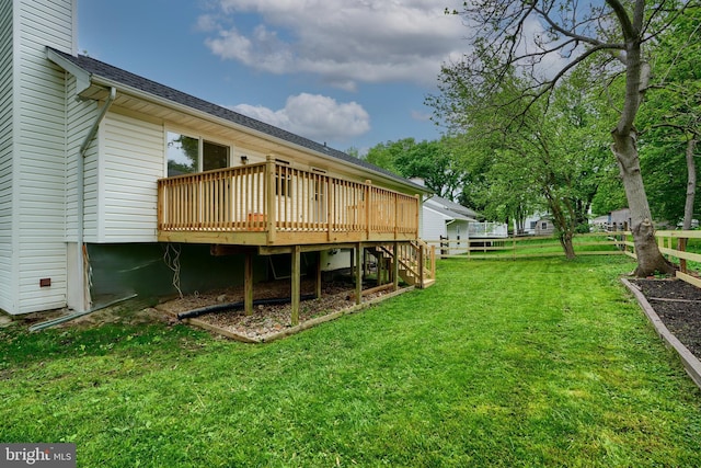 4504 E Joppa Rd, Perry Hall, MD 21128 - rear view of house featuring a yard, a chimney, a shingled roof, stairway, and a wooden deck