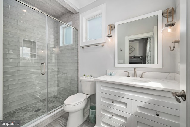 full bath featuring vanity, a shower stall, and toilet