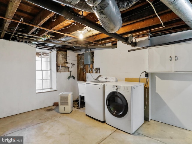 laundry room featuring electric panel and washer and clothes dryer