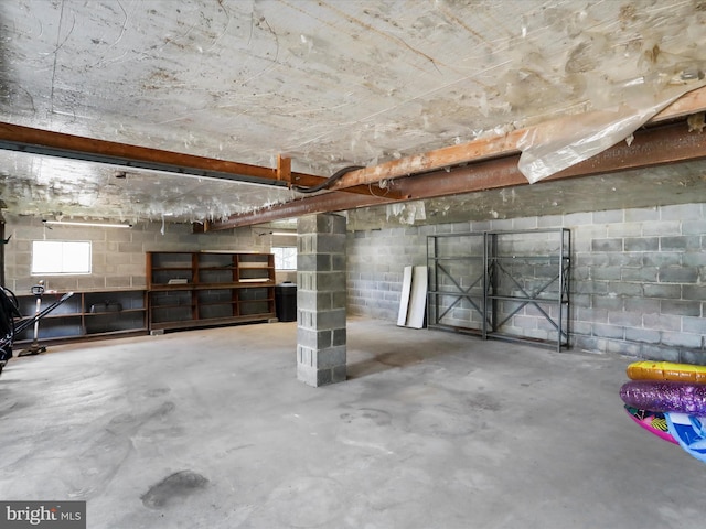 basement with concrete block wall
