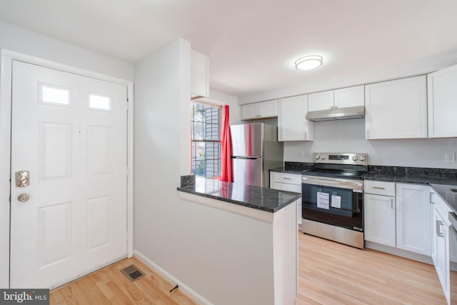 kitchen with white cabinets, light wood finished floors, under cabinet range hood, a peninsula, and appliances with stainless steel finishes