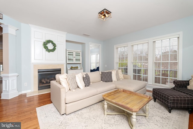 living room with light wood-type flooring, a premium fireplace, and baseboards