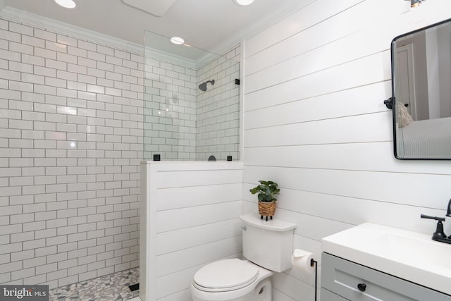 bathroom featuring ornamental molding, walk in shower, toilet, vanity, and recessed lighting