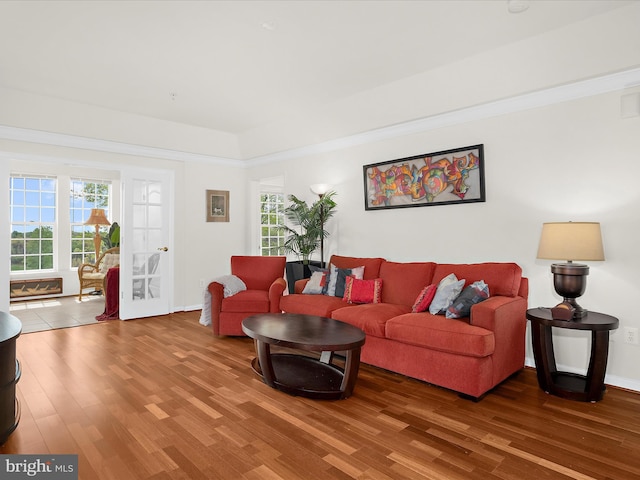 living area with baseboards, wood finished floors, and a wealth of natural light