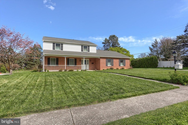 traditional home featuring covered porch, a front yard, and brick siding