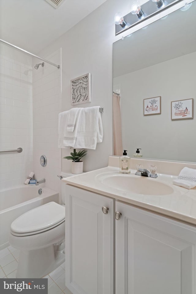 full bathroom with visible vents, shower / bath combination with curtain, tile patterned flooring, vanity, and toilet