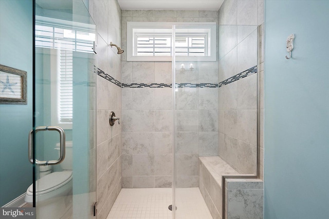 full bathroom with a shower stall and toilet