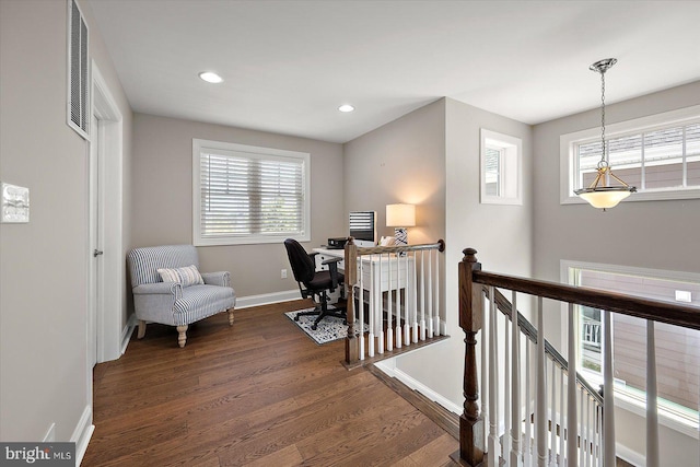 office area featuring recessed lighting, wood finished floors, visible vents, and baseboards