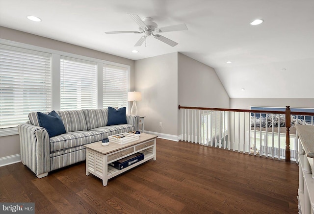 living room featuring recessed lighting, baseboards, ceiling fan, and dark wood-style floors