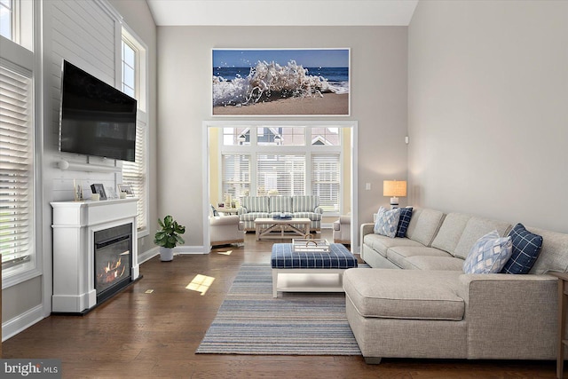 living area with a glass covered fireplace, wood finished floors, a high ceiling, and baseboards
