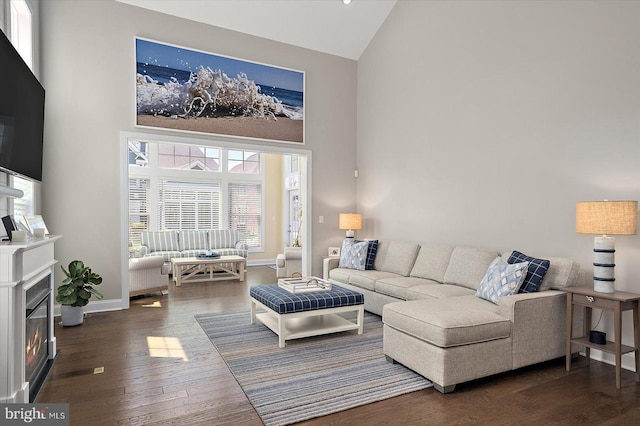living room with baseboards, a glass covered fireplace, wood finished floors, and high vaulted ceiling