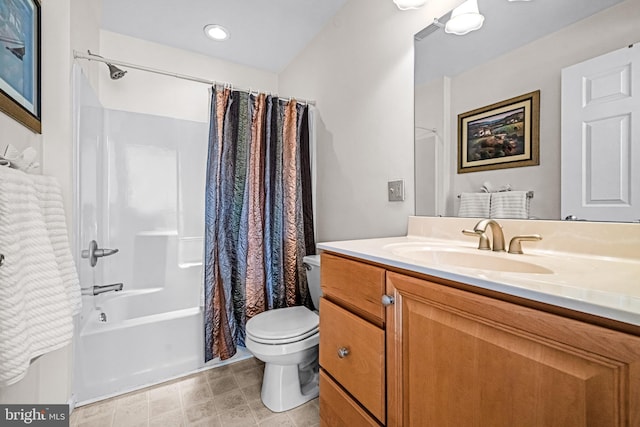 full bathroom with toilet, recessed lighting, shower / bath combination with curtain, and vanity