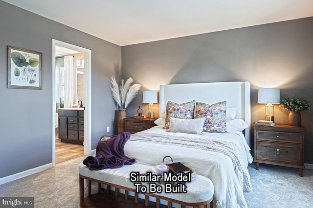 bedroom with baseboards, carpet, and connected bathroom