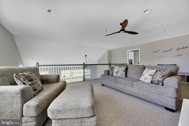 living area featuring recessed lighting, a ceiling fan, carpet, and vaulted ceiling