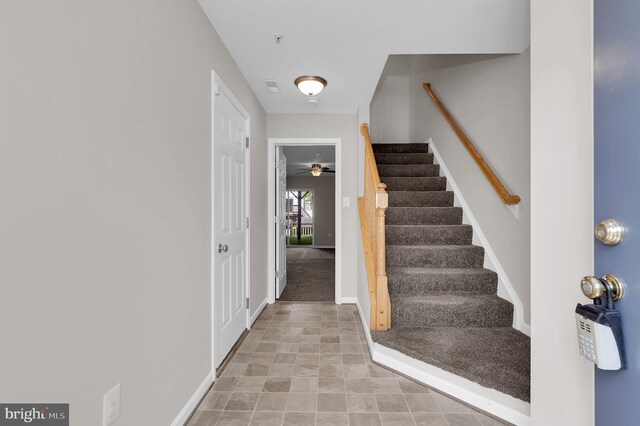 2475 Lakeside Dr, Frederick, MD 21702 - entrance foyer featuring visible vents, baseboards, ceiling fan, stairway, and carpet floors
