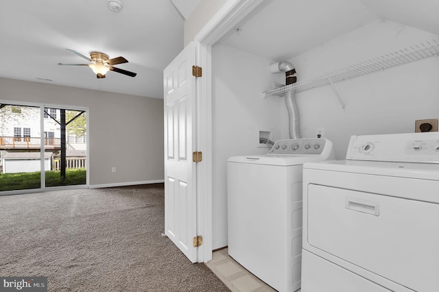 2475 Lakeside Dr, Frederick, MD 21702 - laundry area featuring washing machine and clothes dryer, a ceiling fan, light colored carpet, baseboards, and laundry area