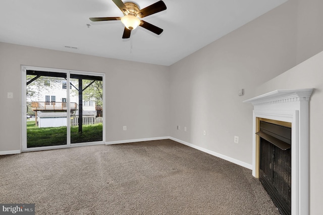 2475 Lakeside Dr, Frederick, MD 21702 - unfurnished living room featuring carpet, ceiling fan, a fireplace, baseboards, and visible vents