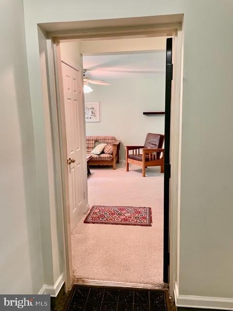 hall featuring carpet flooring