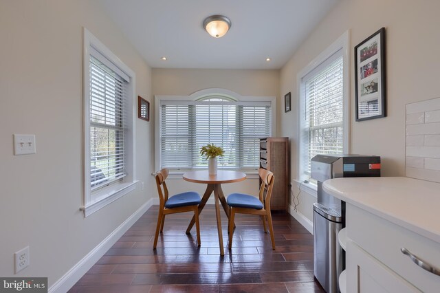 dining room with baseboards, a wealth of natural light, and dark wood finished floors