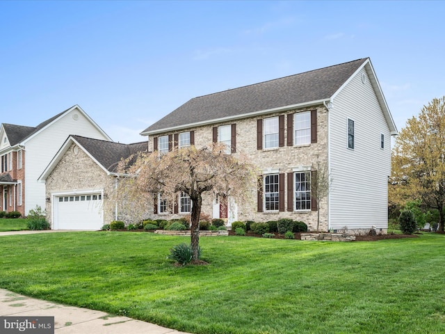 colonial-style house featuring brick siding, a garage, and a front lawn