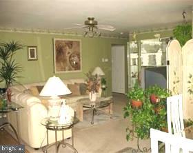 living area with a ceiling fan